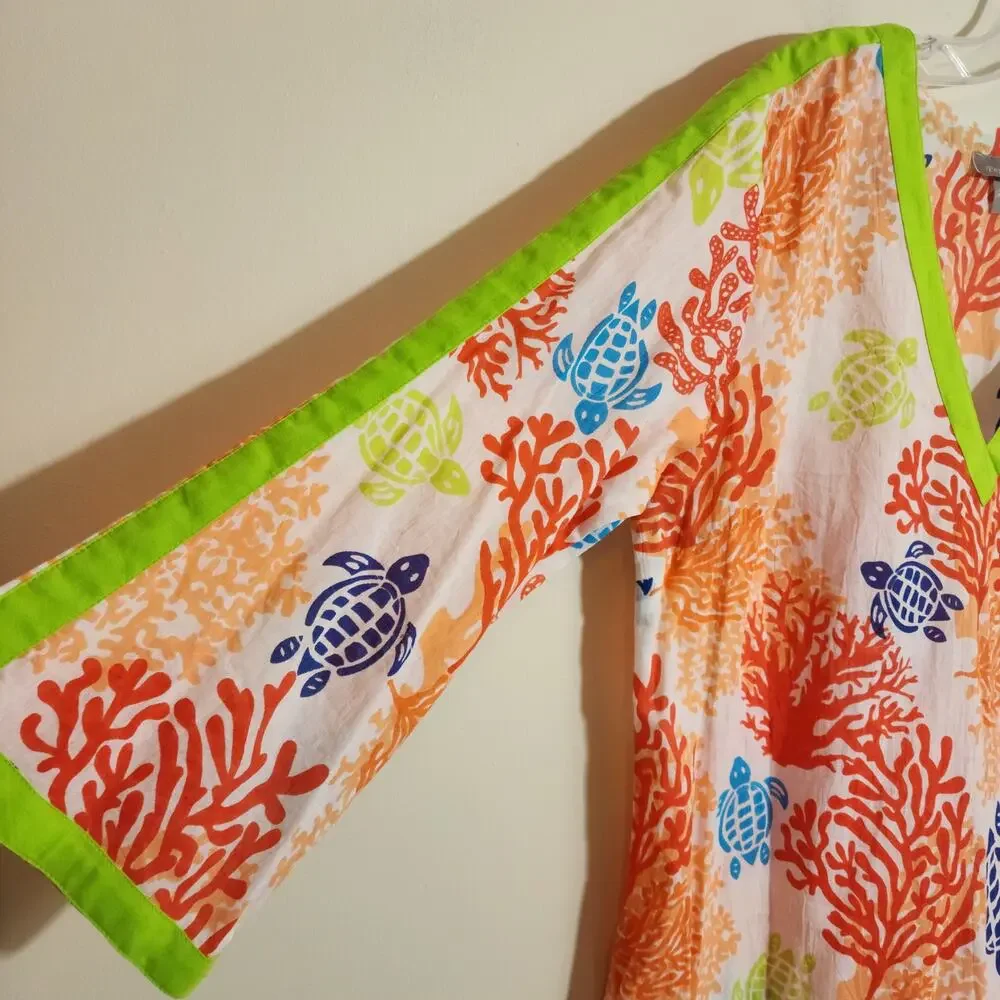 Peppermint bay colorful sea turtle coral print 3/4 sleeve swim coverup woman's S